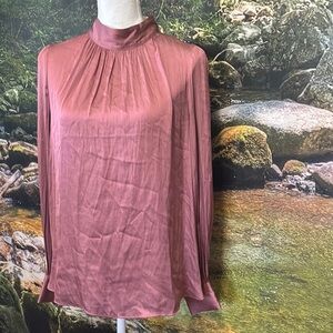 H&M Pink Pleated Long Sleeve Blouse with Mandarin Collar